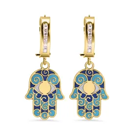 14E00459. - 14 Karat Yellow Gold 11.7mm Hoop Studded Clear CZ Enamel Hamsa Latch Box Earrings