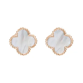 18ct Rose Gold White Mother of Pearl Bloom Four Leaf Clover Ball Edge Stud Earrings