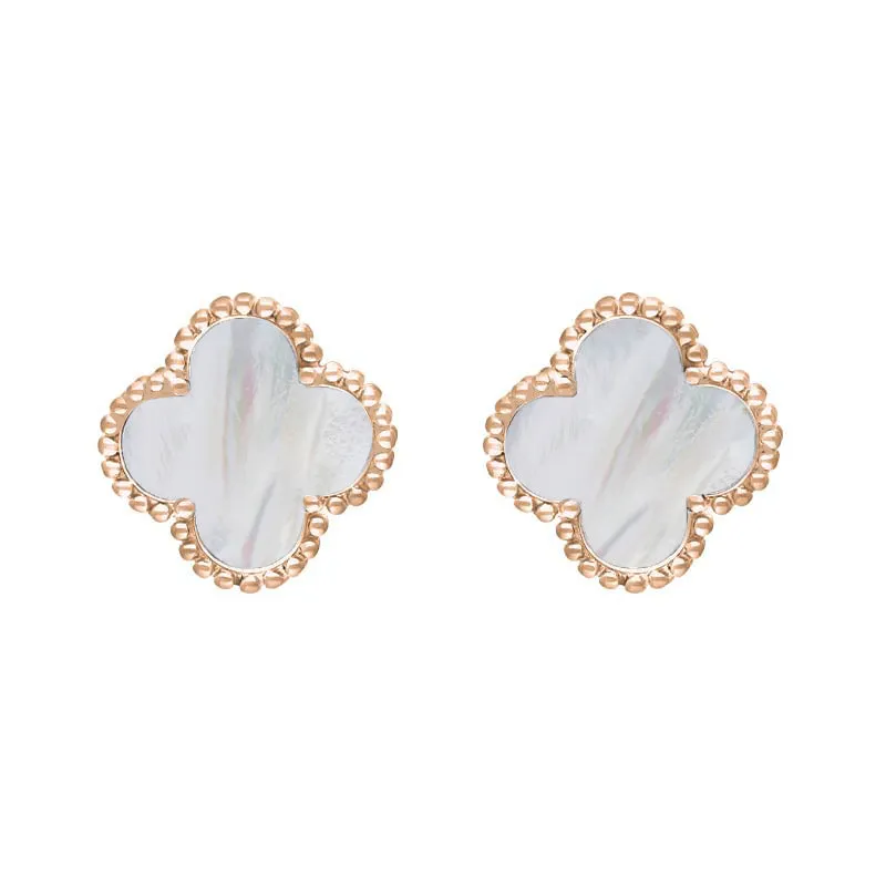 18ct Rose Gold White Mother of Pearl Bloom Four Leaf Clover Ball Edge Stud Earrings
