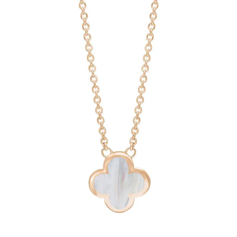 18ct Rose Gold White Mother of Pearl Bloom Small Four Leaf Clover Polished Edge Pendant