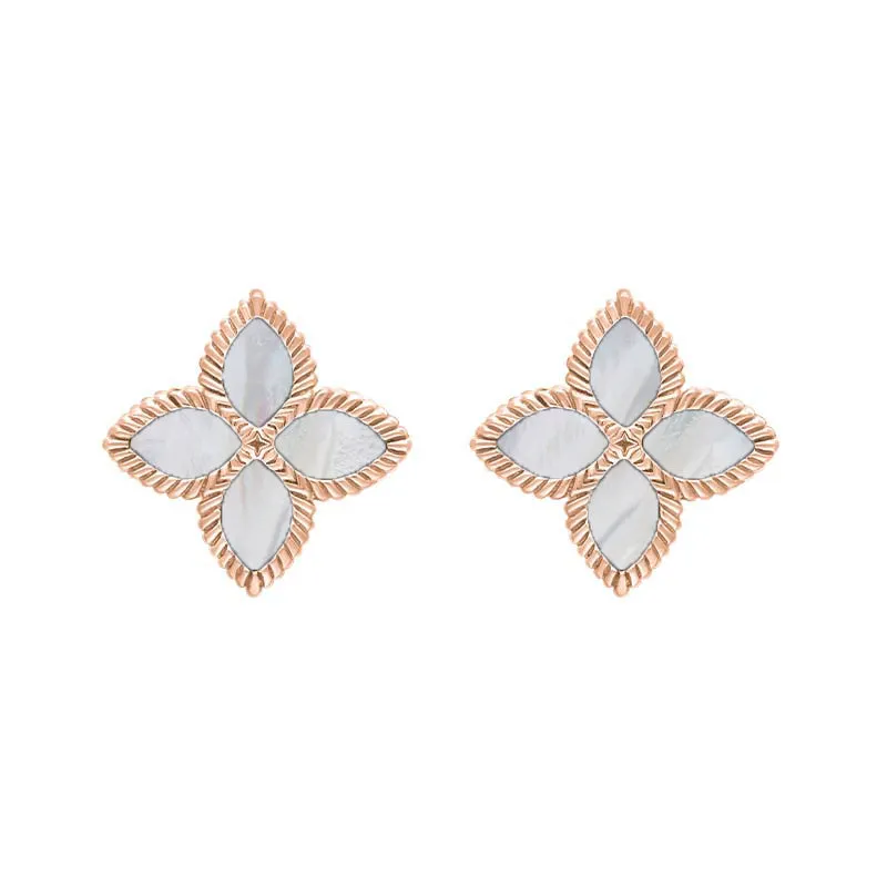 18ct Rose Gold White Mother of Pearl Eden Marquise Flower Stud Earrings