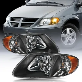 2001-2007 Chrysler Town & Country 2001-2003 Voyager 2001-2007 Dodge Grand Caravan Headlight Assembly Black Case Amber Reflector