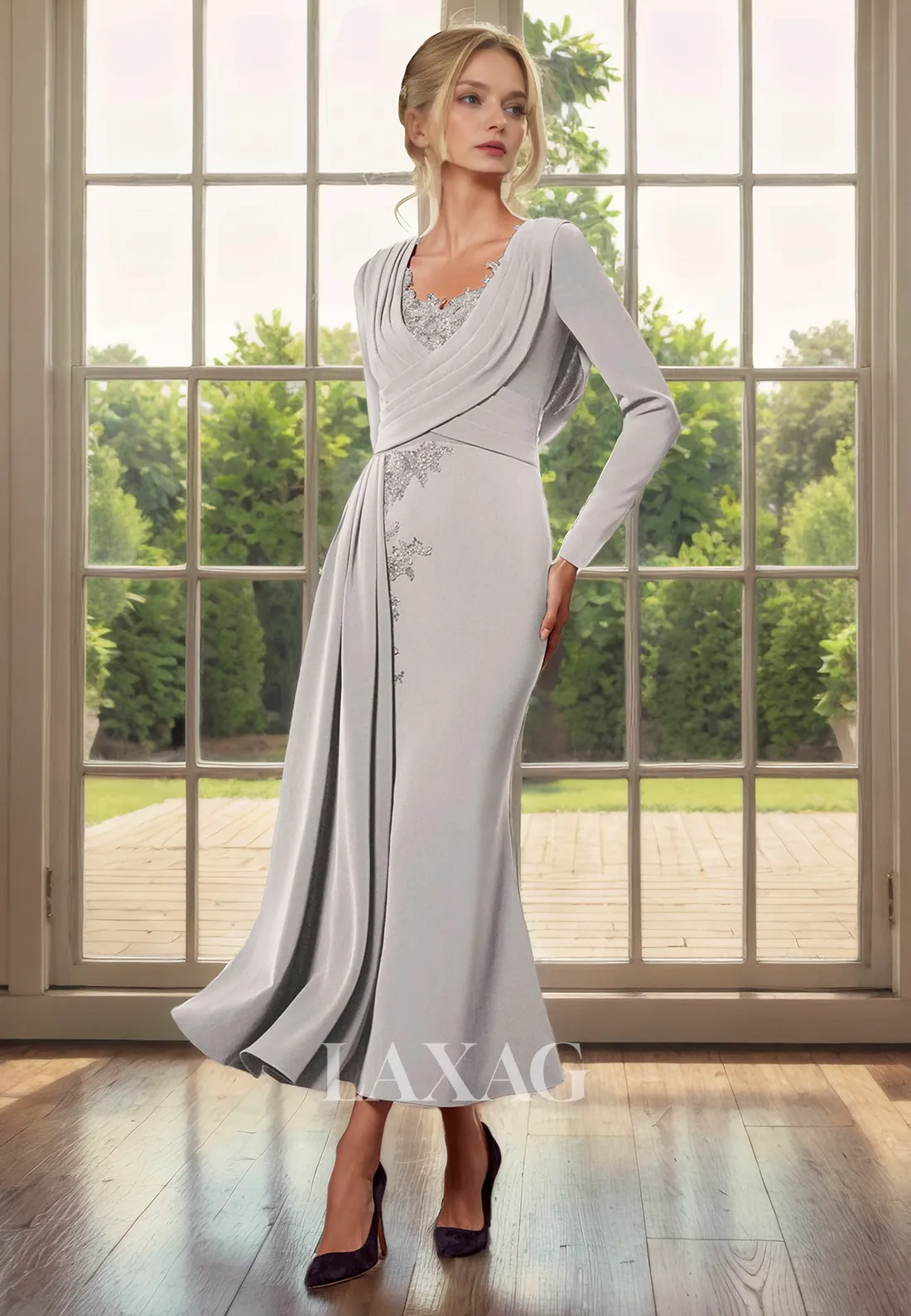 22923 - Long Sleeves Appliques Sequins Tulle Mermaid Mother of the Bride Dress