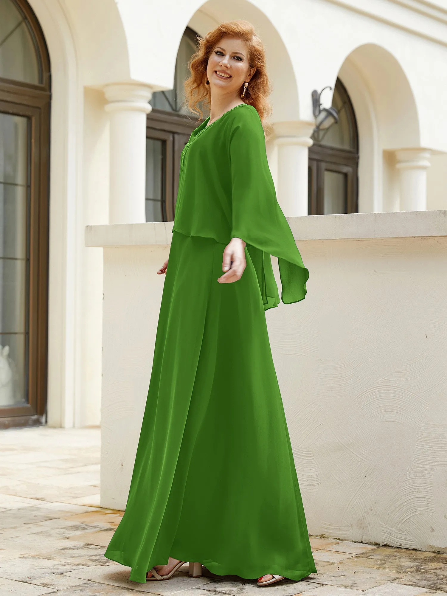 A-Line Flutter Cape Sleeves Dress with Beaded V-neck-Moss