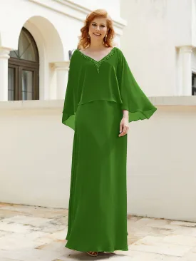 A-Line Flutter Cape Sleeves Dress with Beaded V-neck-Moss