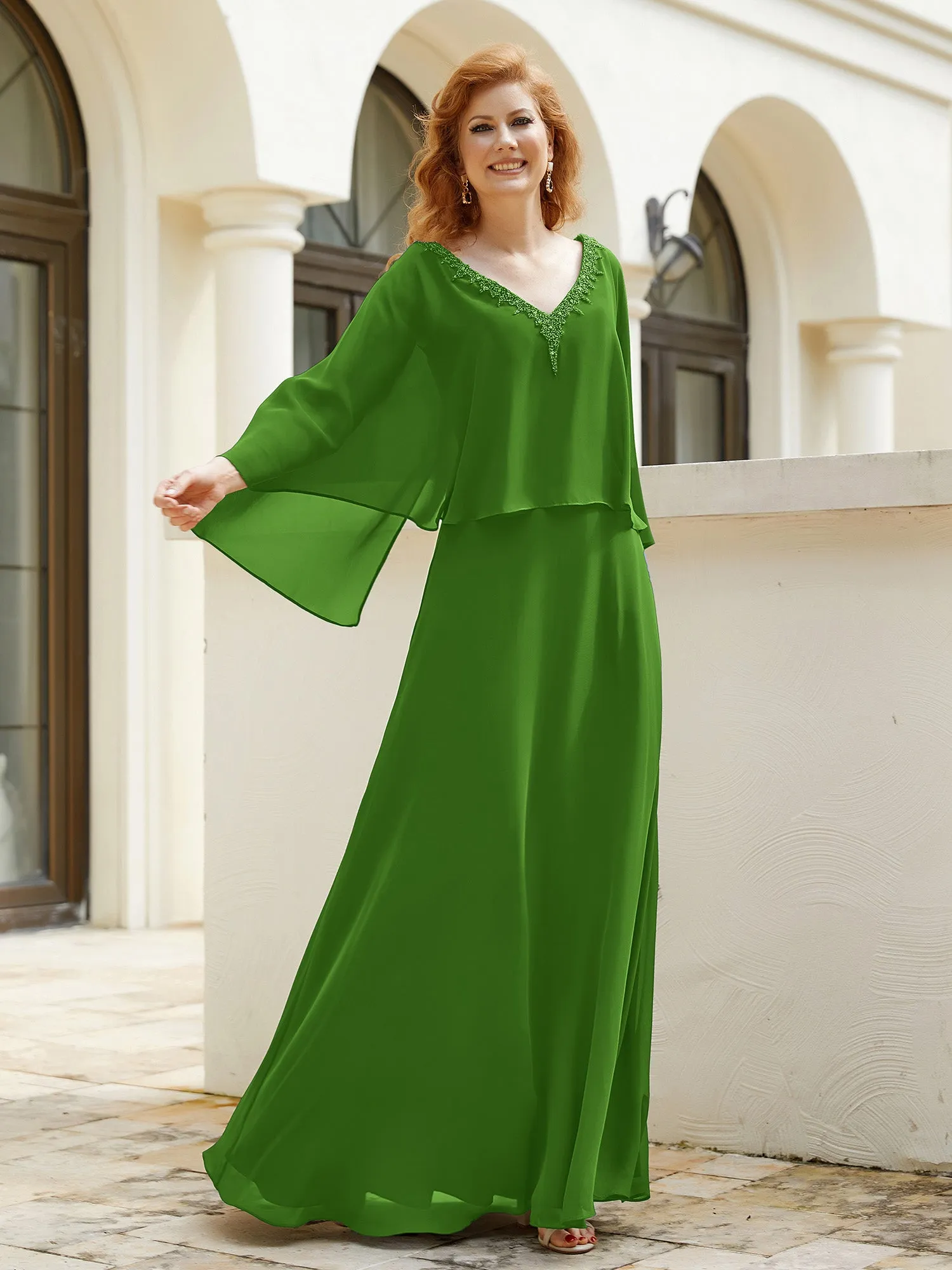 A-Line Flutter Cape Sleeves Dress with Beaded V-neck-Moss
