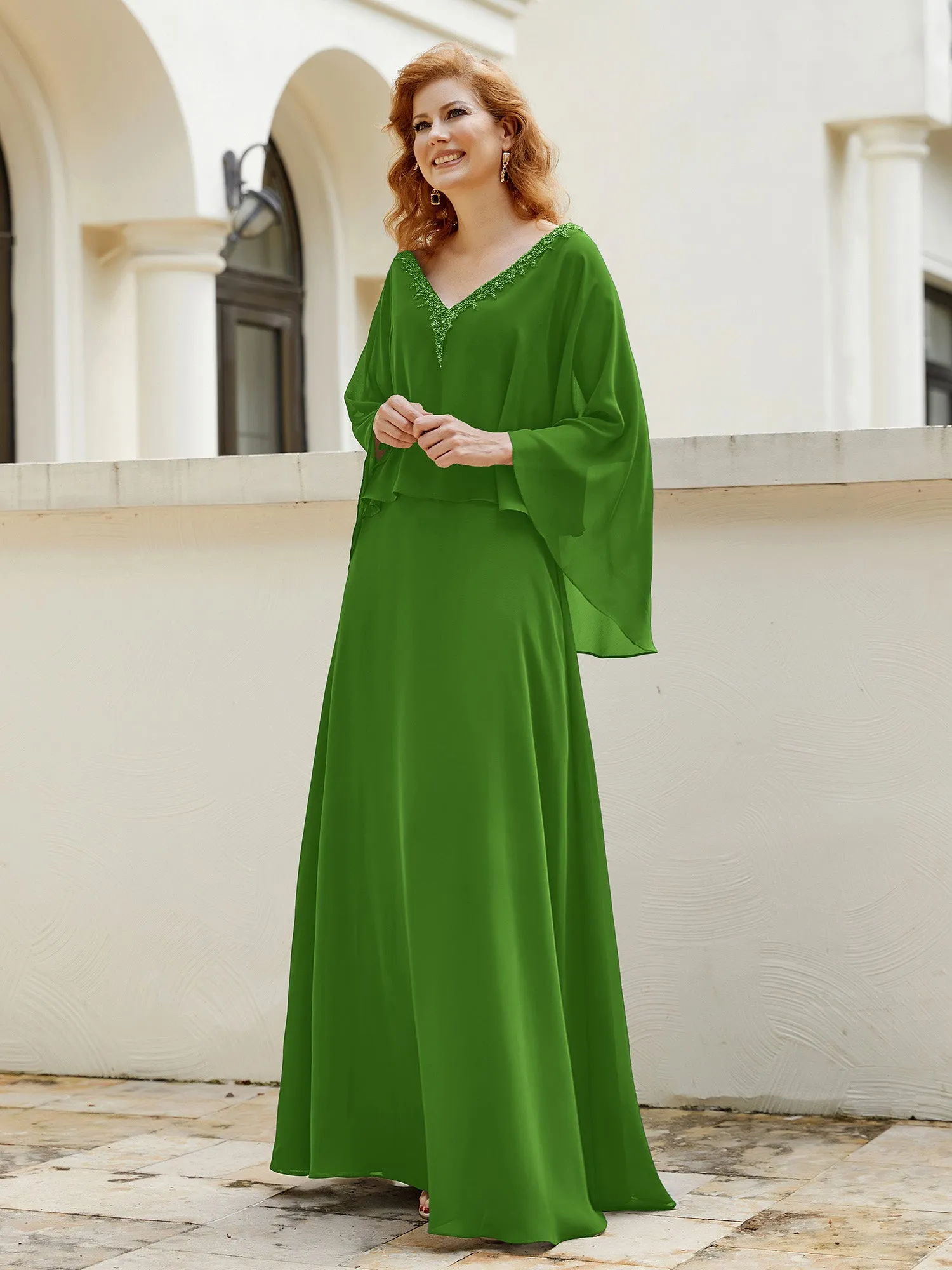 A-Line Flutter Cape Sleeves Dress with Beaded V-neck-Moss