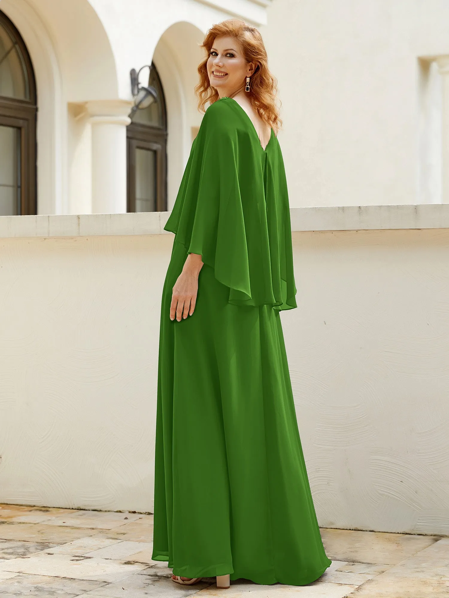 A-Line Flutter Cape Sleeves Dress with Beaded V-neck-Moss