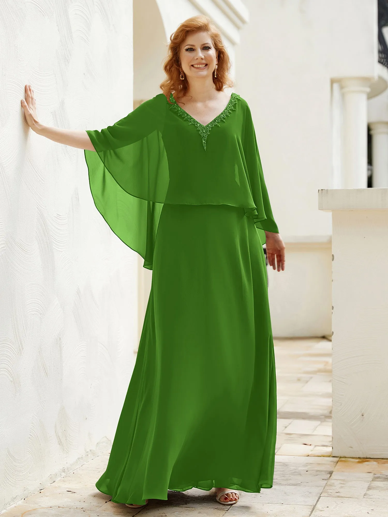 A-Line Flutter Cape Sleeves Dress with Beaded V-neck-Moss