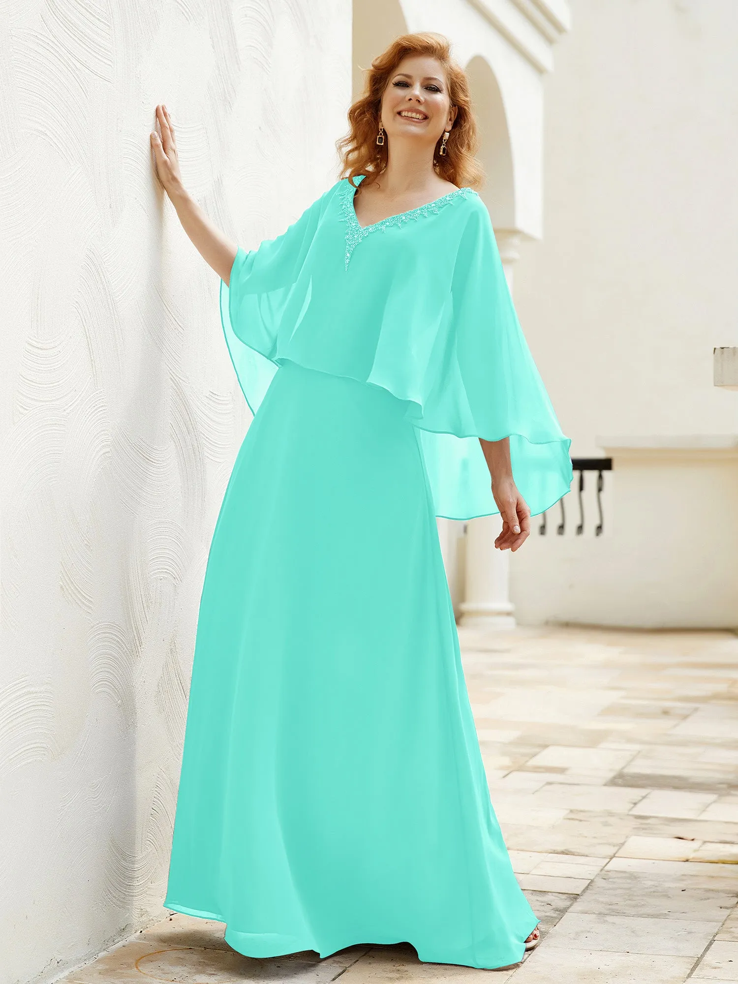 A-Line Flutter Cape Sleeves Dress with Beaded V-neck-Spa