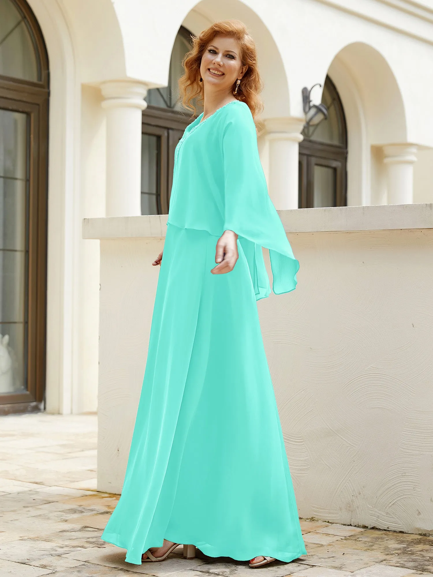 A-Line Flutter Cape Sleeves Dress with Beaded V-neck-Spa