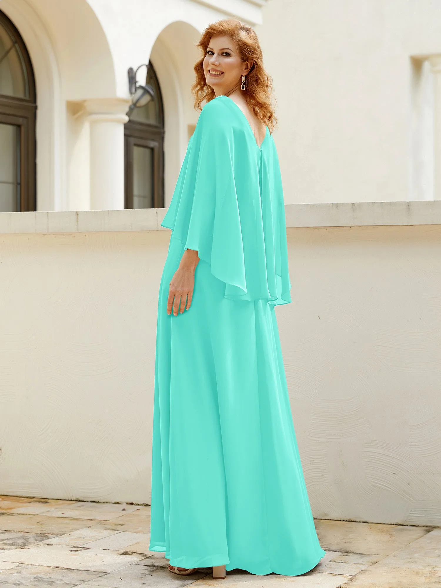 A-Line Flutter Cape Sleeves Dress with Beaded V-neck-Spa