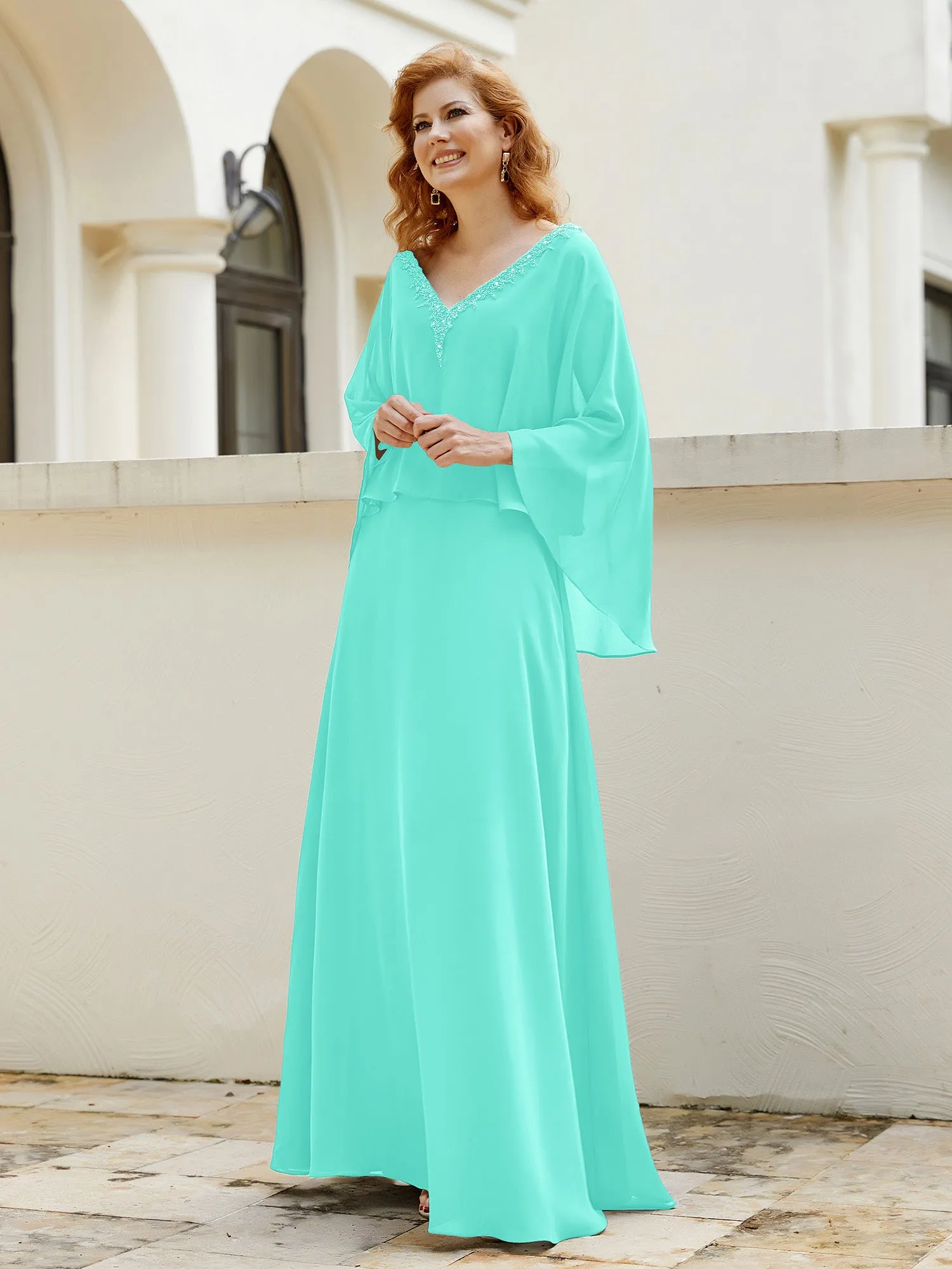 A-Line Flutter Cape Sleeves Dress with Beaded V-neck-Spa