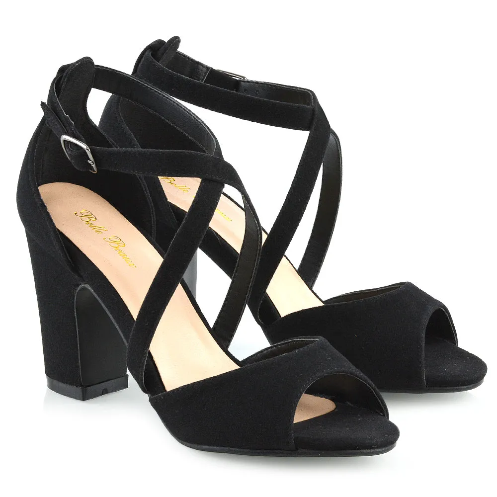 ALICE STRAPPY PEEP TOE MID BLOCK HIGH HEEL SANDAL SHOES IN BLACK FAUX SUEDE
