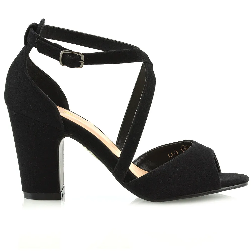 ALICE STRAPPY PEEP TOE MID BLOCK HIGH HEEL SANDAL SHOES IN BLACK FAUX SUEDE