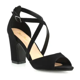 ALICE STRAPPY PEEP TOE MID BLOCK HIGH HEEL SANDAL SHOES IN BLACK FAUX SUEDE