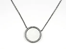 Beautiful Elegant Round Disc Center Mother Of Pearl CZ Frame Black Rhodium Tone Silver Necklace