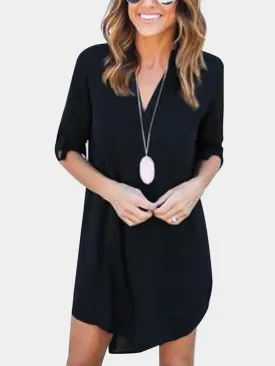 Black V-neck Long Sleeves Irregular hem Chiffon Dress