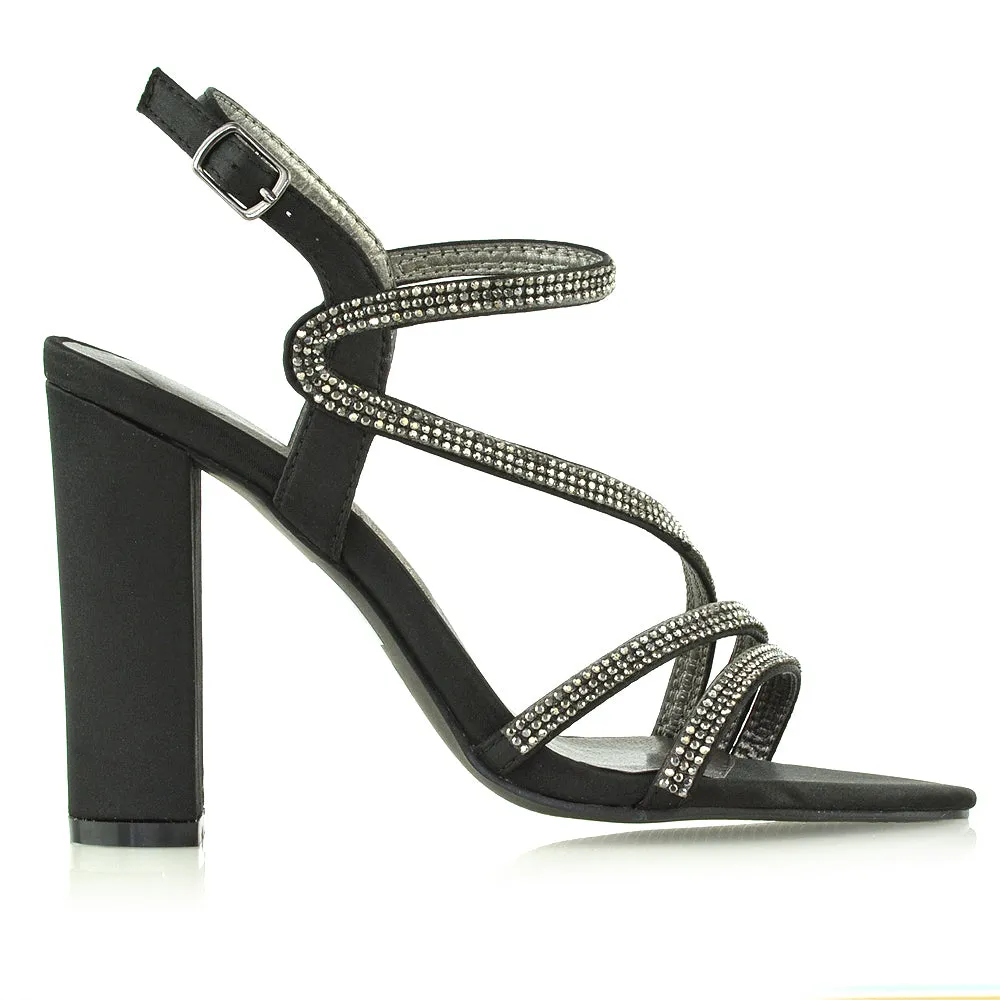 Blythe Cross Over Detail Strappy Diamante Block High Heel Sandals In Black