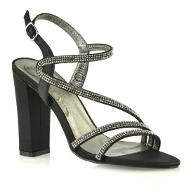 Blythe Cross Over Detail Strappy Diamante Block High Heel Sandals In Black