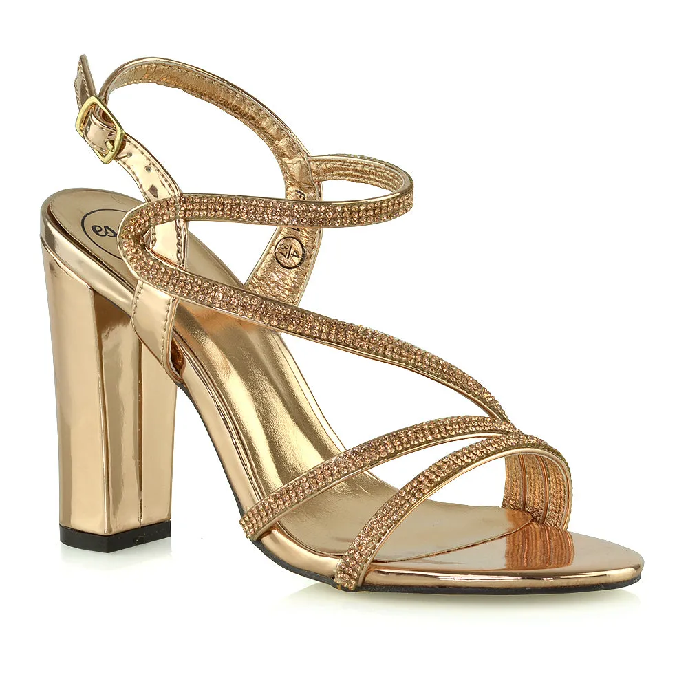 Blythe Cross Over Detail Strappy Diamante Block High Heel Sandals In Black