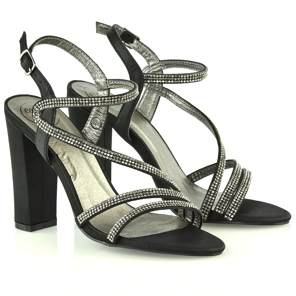 Blythe Cross Over Detail Strappy Diamante Block High Heel Sandals In Black
