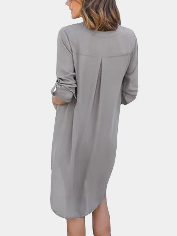 Coffee V-neck Long Sleeves Irregular hem Chiffon Dress