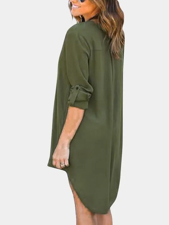 Coffee V-neck Long Sleeves Irregular hem Chiffon Dress