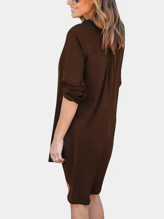 Coffee V-neck Long Sleeves Irregular hem Chiffon Dress