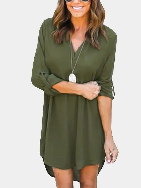 Coffee V-neck Long Sleeves Irregular hem Chiffon Dress