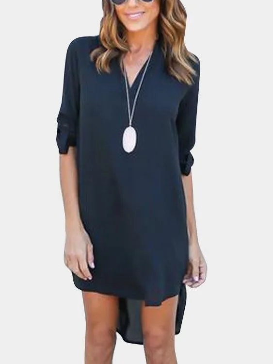 Coffee V-neck Long Sleeves Irregular hem Chiffon Dress