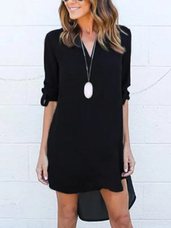Coffee V-neck Long Sleeves Irregular hem Chiffon Dress