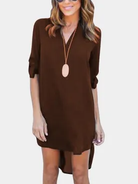 Coffee V-neck Long Sleeves Irregular hem Chiffon Dress