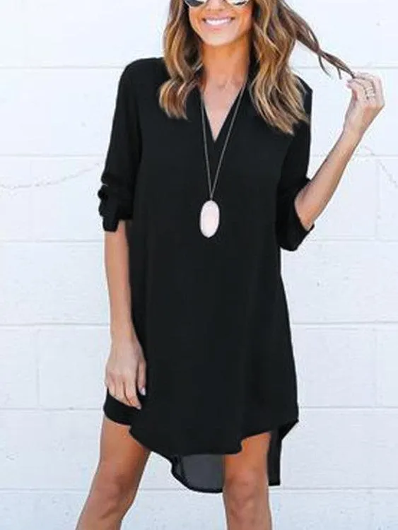 Coffee V-neck Long Sleeves Irregular hem Chiffon Dress