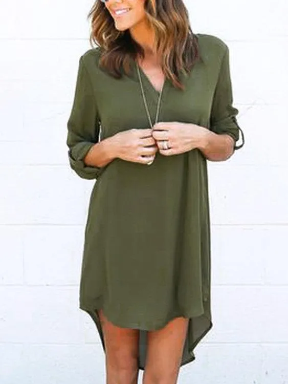 Coffee V-neck Long Sleeves Irregular hem Chiffon Dress