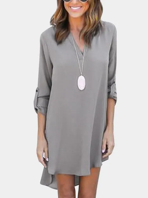 Coffee V-neck Long Sleeves Irregular hem Chiffon Dress