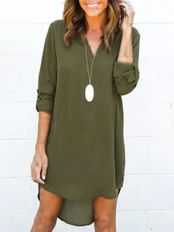 Coffee V-neck Long Sleeves Irregular hem Chiffon Dress