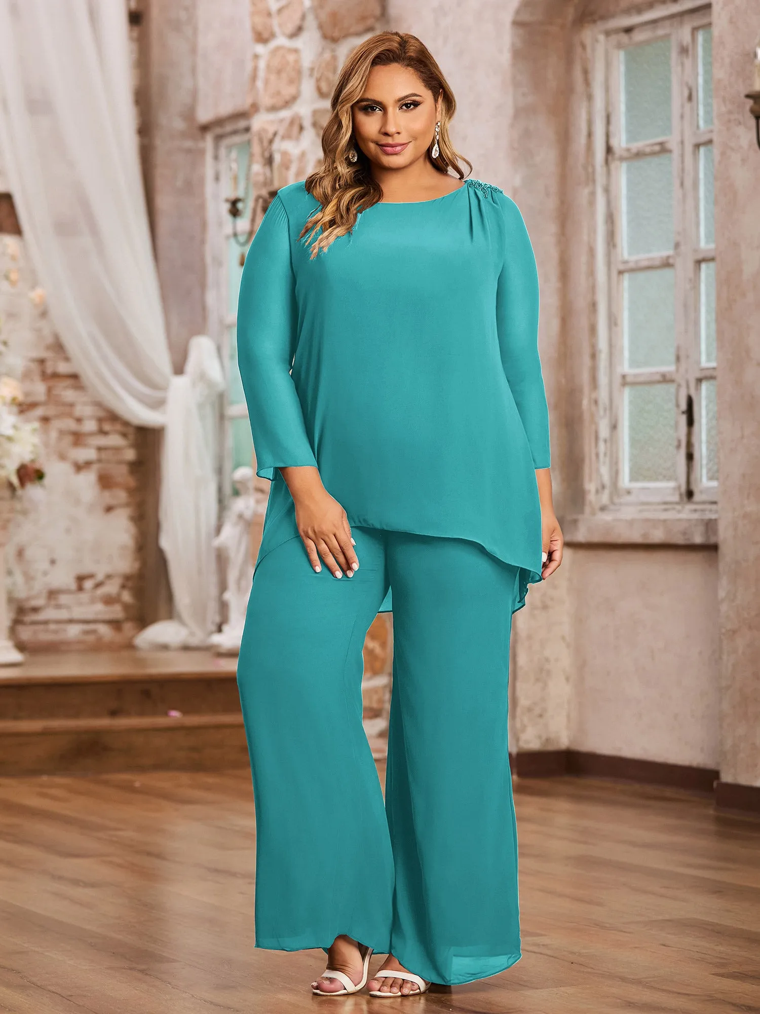 Elegant Chiffon Pant Suit with Long Sleeves-Jade
