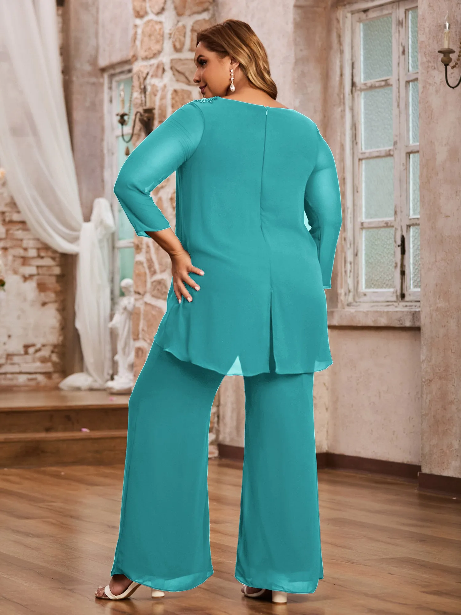 Elegant Chiffon Pant Suit with Long Sleeves-Jade
