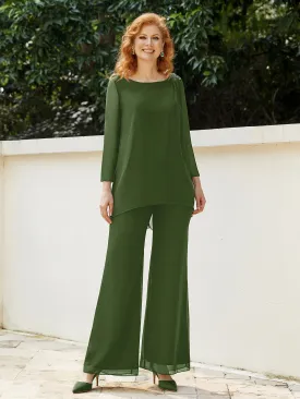 Elegant Chiffon Pant Suit with Long Sleeves-Moss