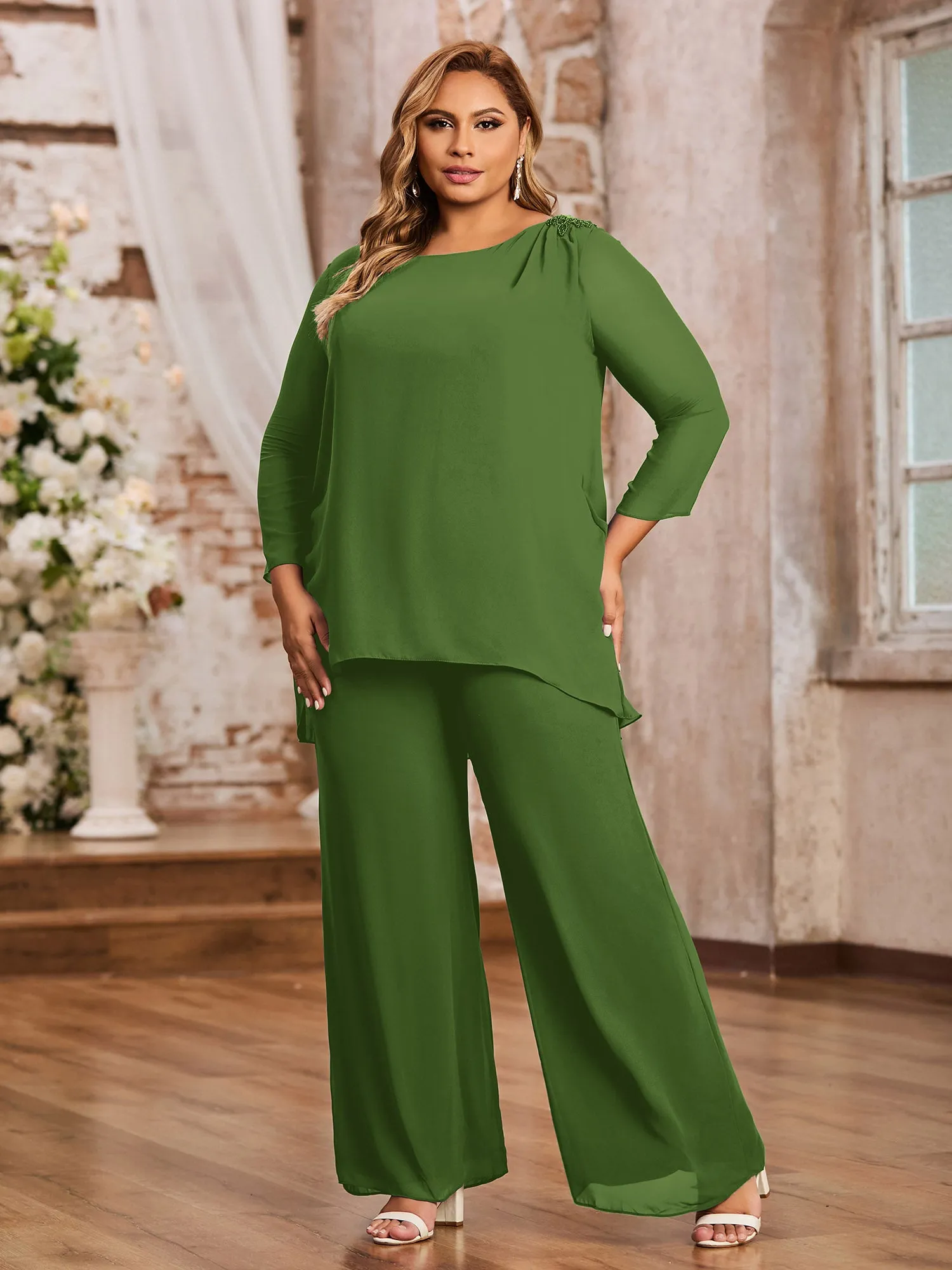 Elegant Chiffon Pant Suit with Long Sleeves-Moss