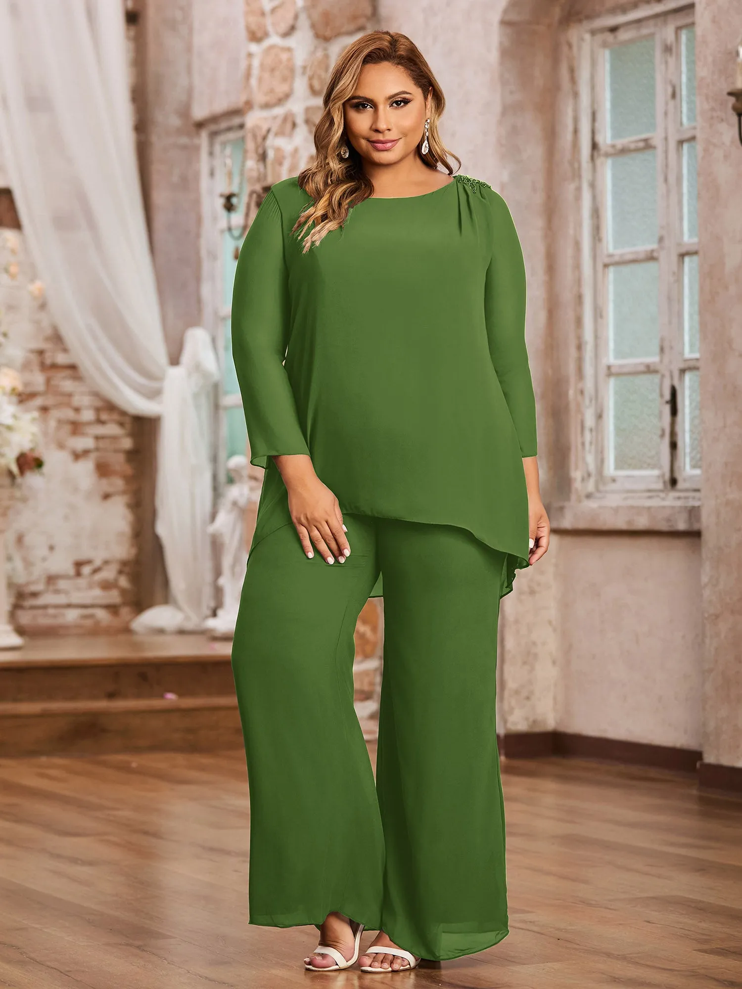 Elegant Chiffon Pant Suit with Long Sleeves-Moss