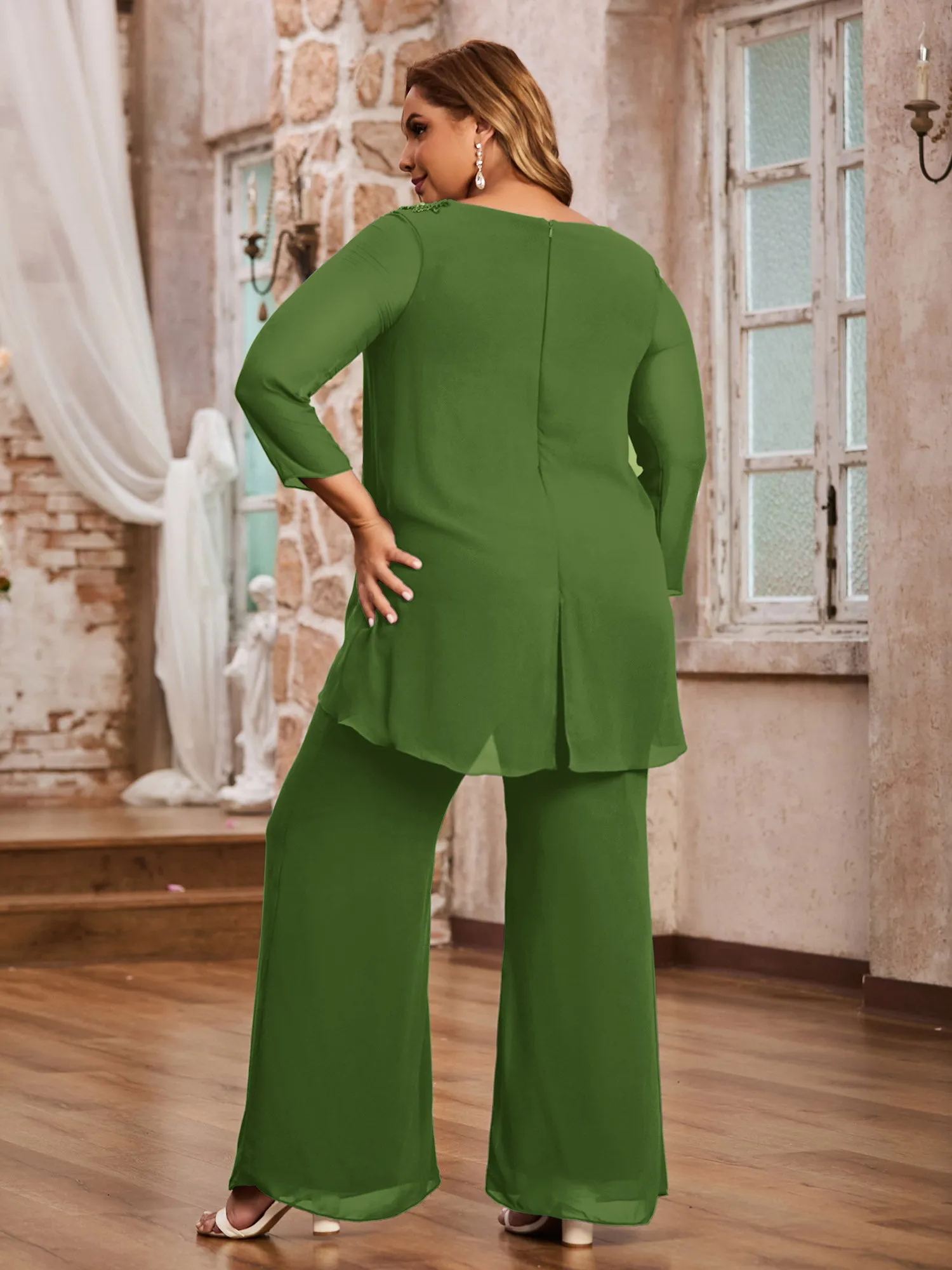Elegant Chiffon Pant Suit with Long Sleeves-Moss
