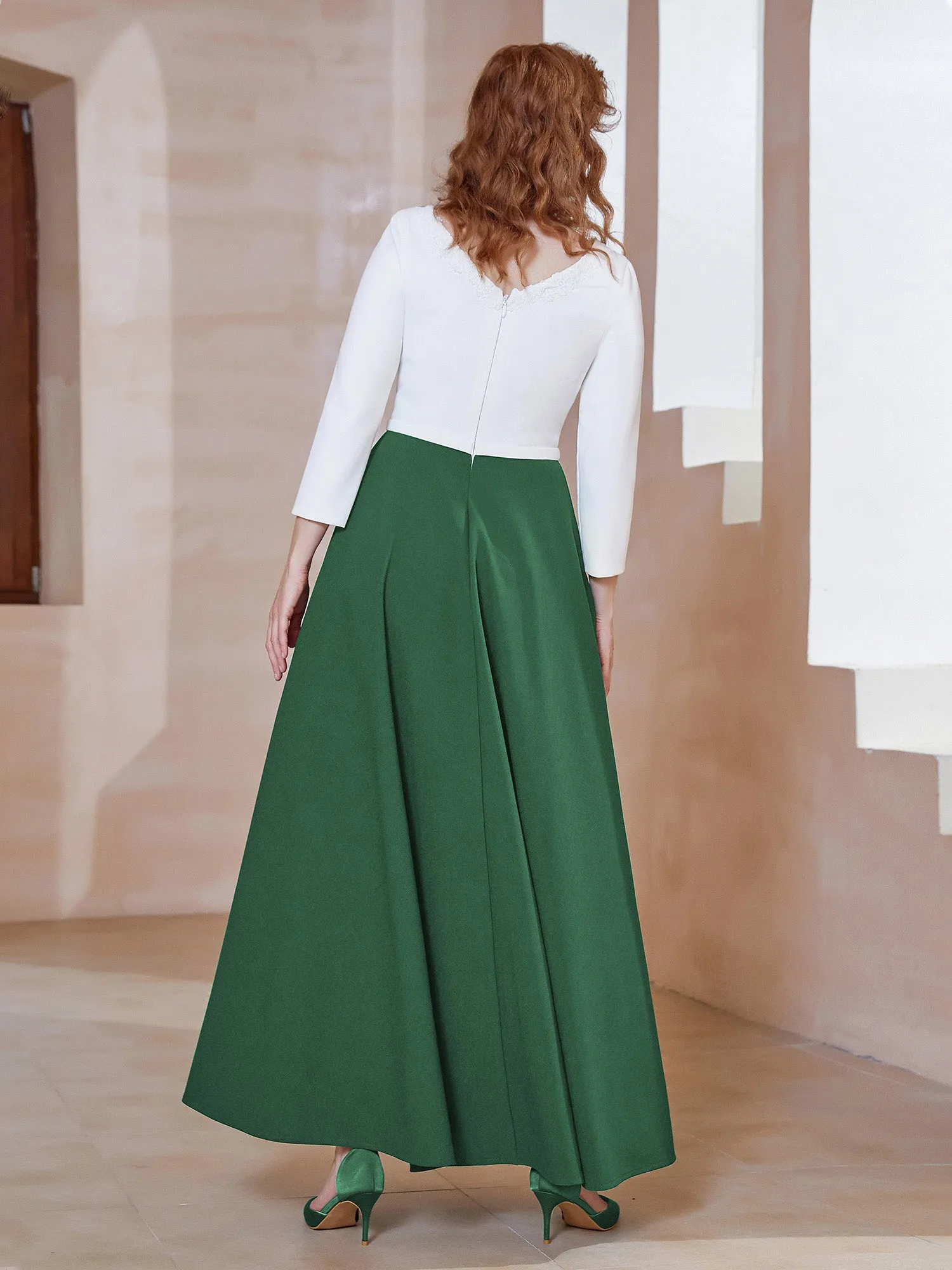 Elegant Scoop Neckline Tea-Length Dress Dark Green