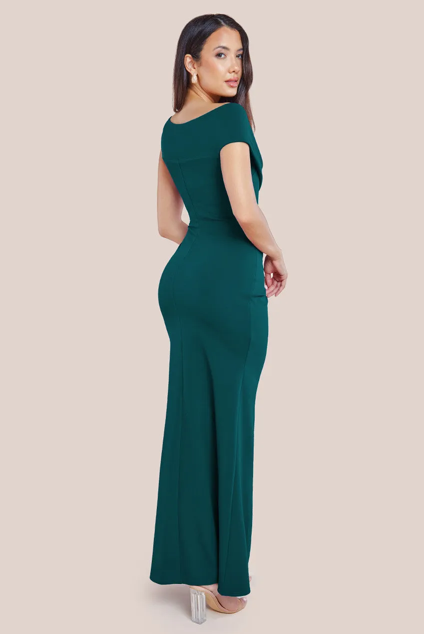 Goddiva Scuba Crepe  Off The Shoulder Maxi - Emerald Green