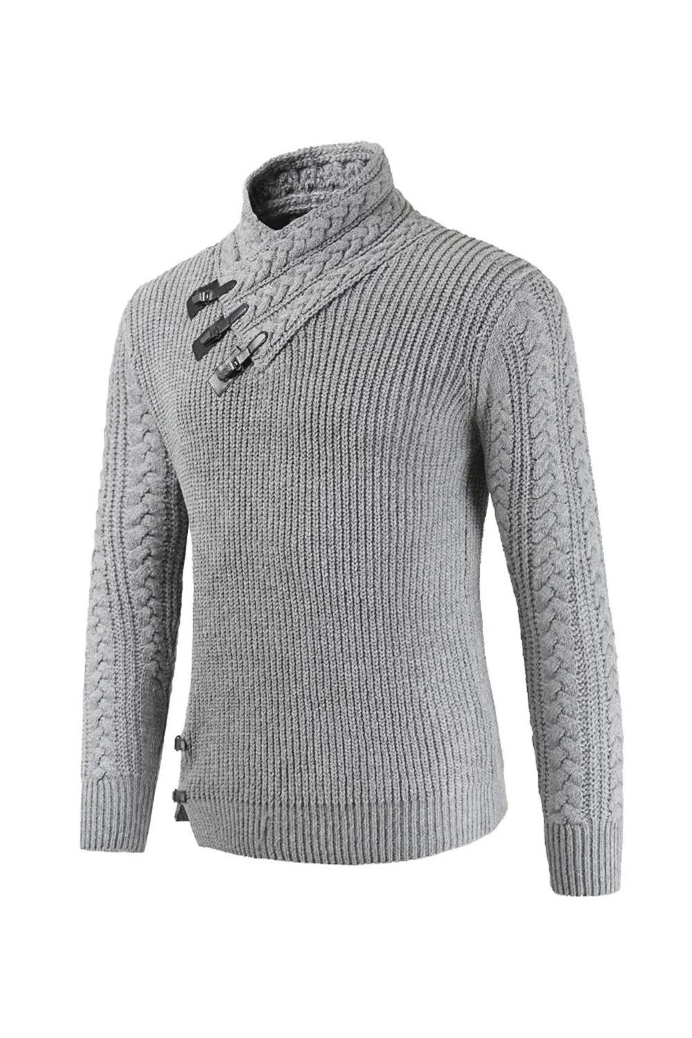 Grey Men's Casual High Neck Buckle Knitted Pullover Sweater