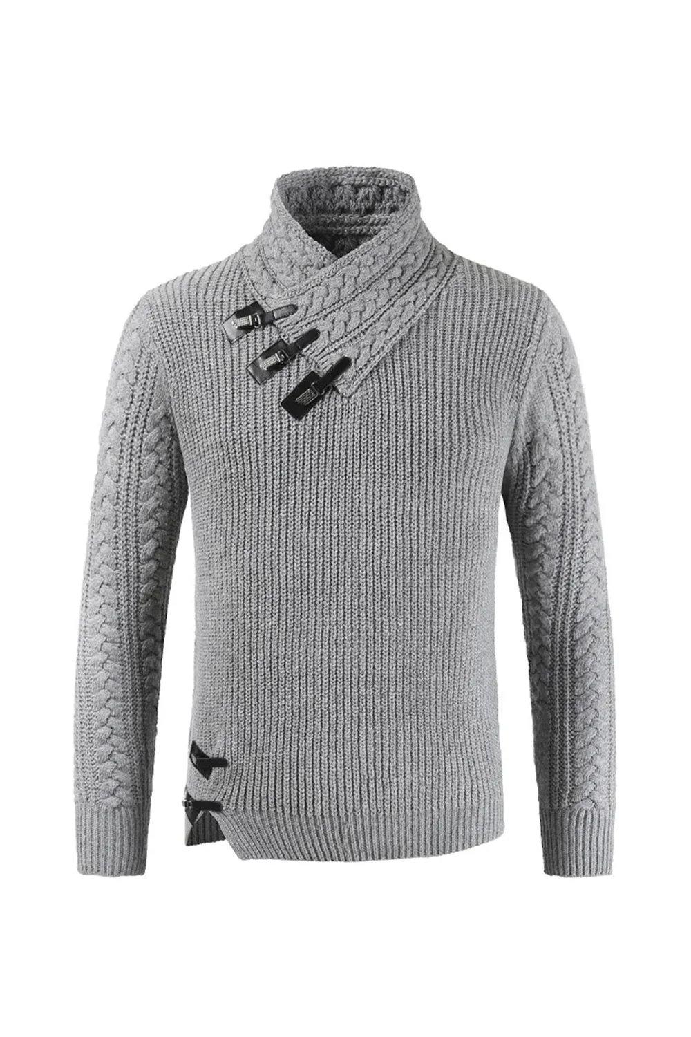 Grey Men's Casual High Neck Buckle Knitted Pullover Sweater