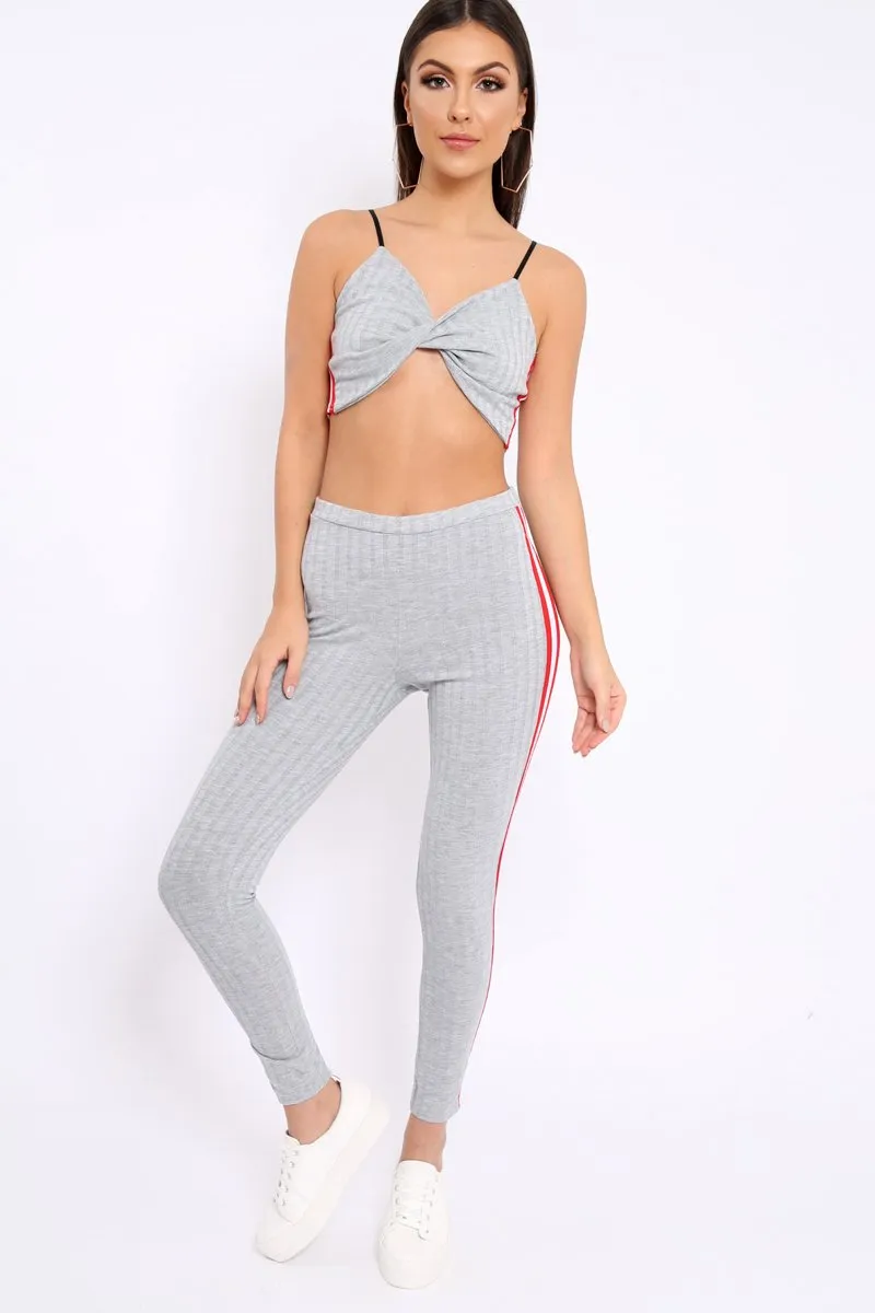 Grey Ribbed Contrast Side Stripe Co-ord - Kaity