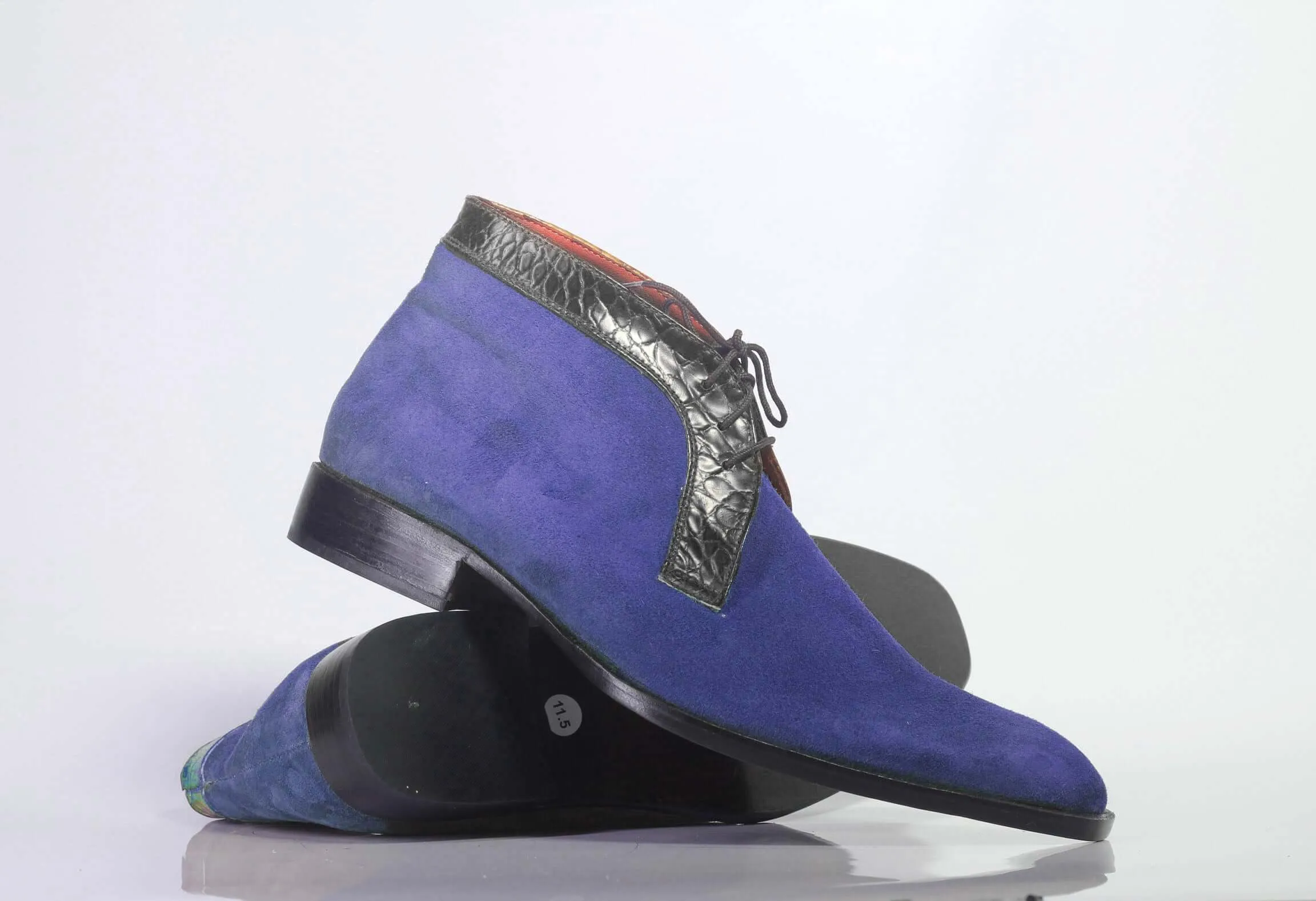 Handmade Men's Blue Suede Black Leather Chukka Lace Up Boots, Men Ankle Boots, Men Designer Fashion Boots