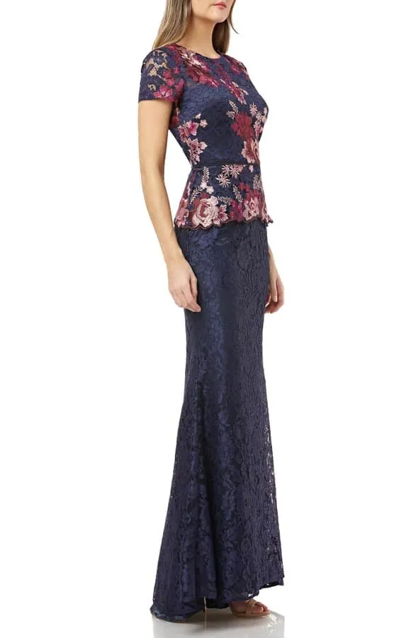 JS Collections Crew Neck Short Sleeve Popover Zipper Back Floral Embroidered Mesh Dress